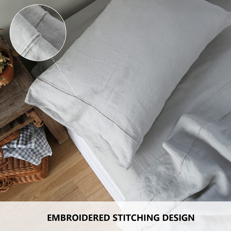 Simple&Opulence 100% French Linen Pillowcase Queen Size-Set of 2- Washed Solid Color Pillow Cases Embroidered -Soft and Durable (Grey, 20''x30'') - Image 3